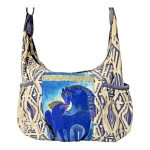 Laurel Burch Indigo Painted Horses Canvas/Cotton Crossbody Medium Bag Purse